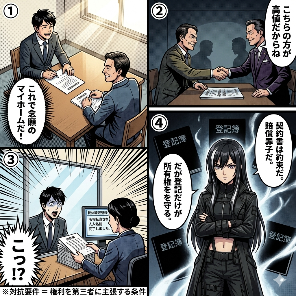 不動産売買契約を結んで安心した買主が登記を後回しにした隙に売主が別の高値買主へ先に所有権移転登記を完了させ法務局で権利取得を阻まれる二重譲渡の被害を描いた4コマ漫画