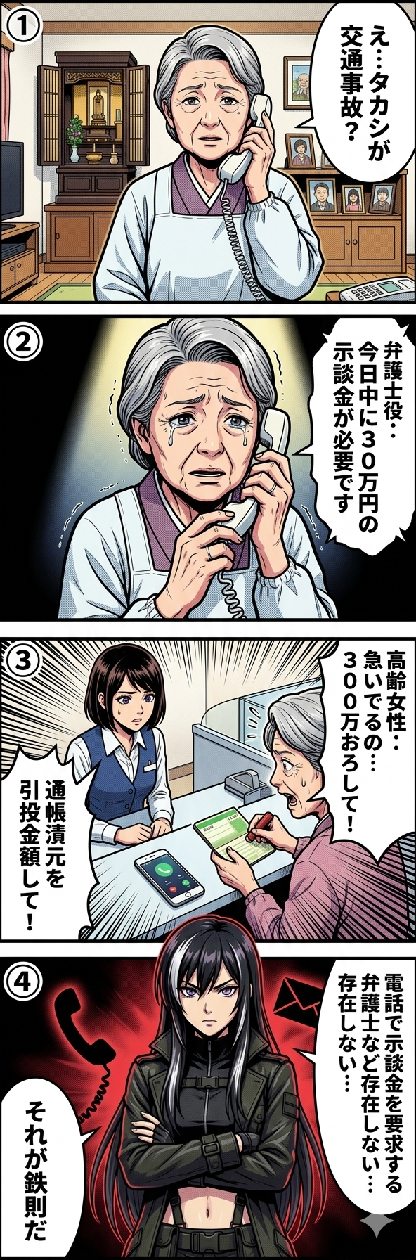 息子が交通事故を起こしたという嘘の電話を信じた高齢女性が、弁護士を名乗る犯人に示談金300万円を騙し取られる過程を描いた4コマ漫画