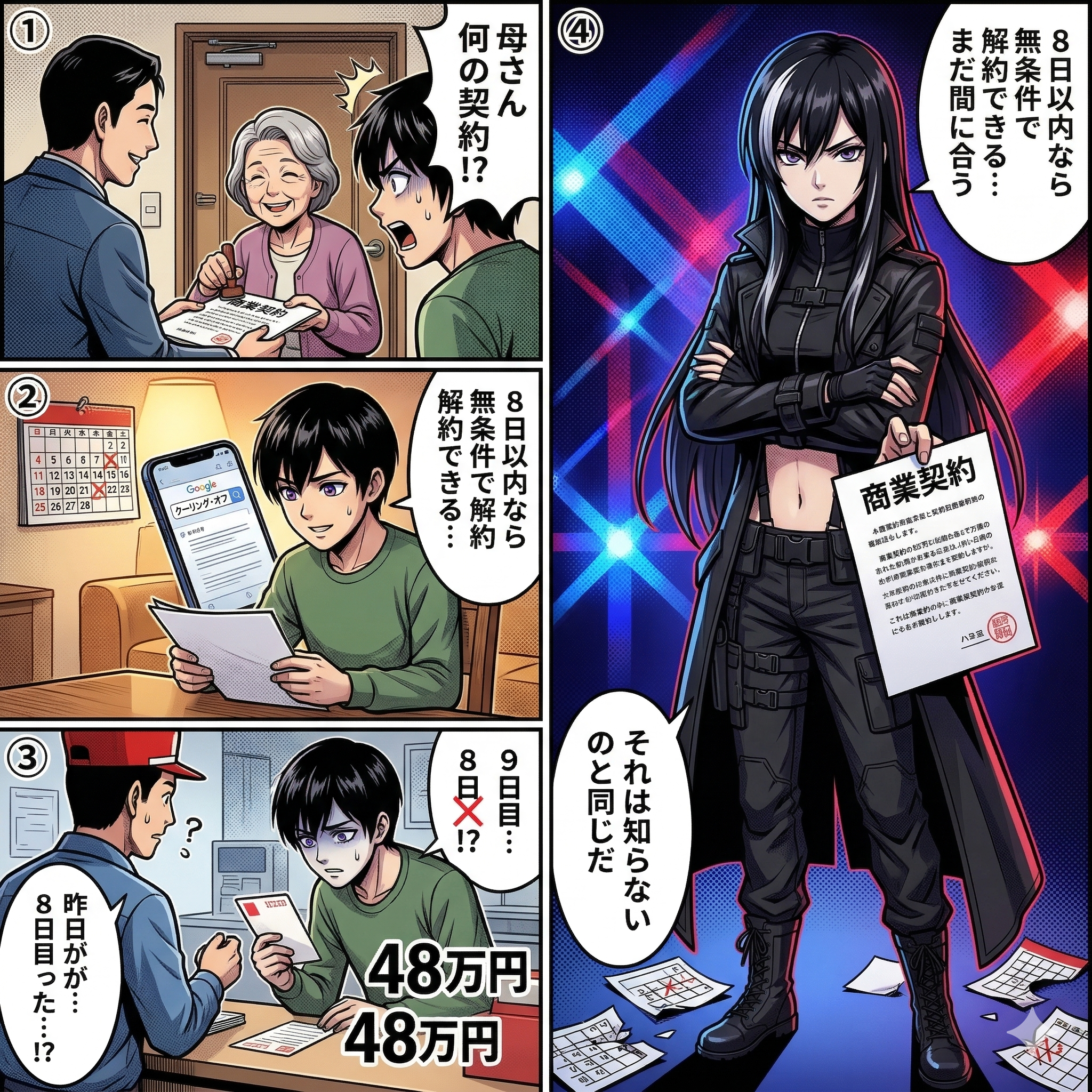 クーリング・オフの期間や通知方法を知らず契約解除できなかった被害事例を描いた4コマ漫画