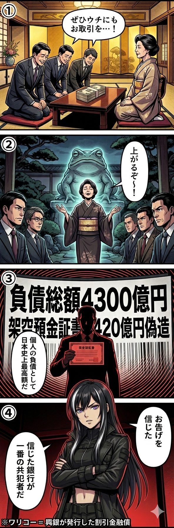 カエルの占いを信じて巨額の借り入れを行い、バブル崩壊後に預金証書を偽造して詐欺を働いた事例を4コマ漫画で描いている。