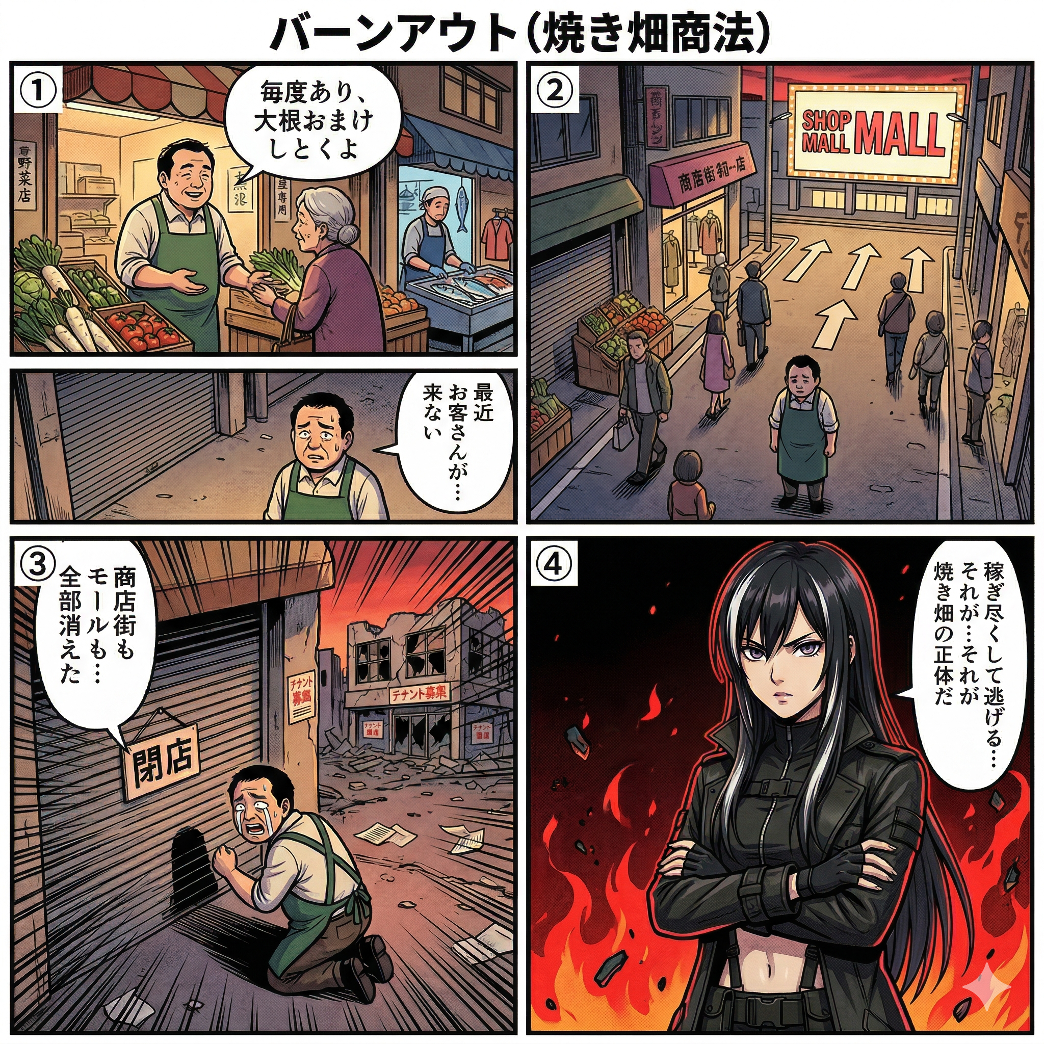 焼き畑商法で地元商店街が大型モールに客を奪われ、モール撤退後に地域全体が廃墟と化す過程を描いた4コマ漫画。