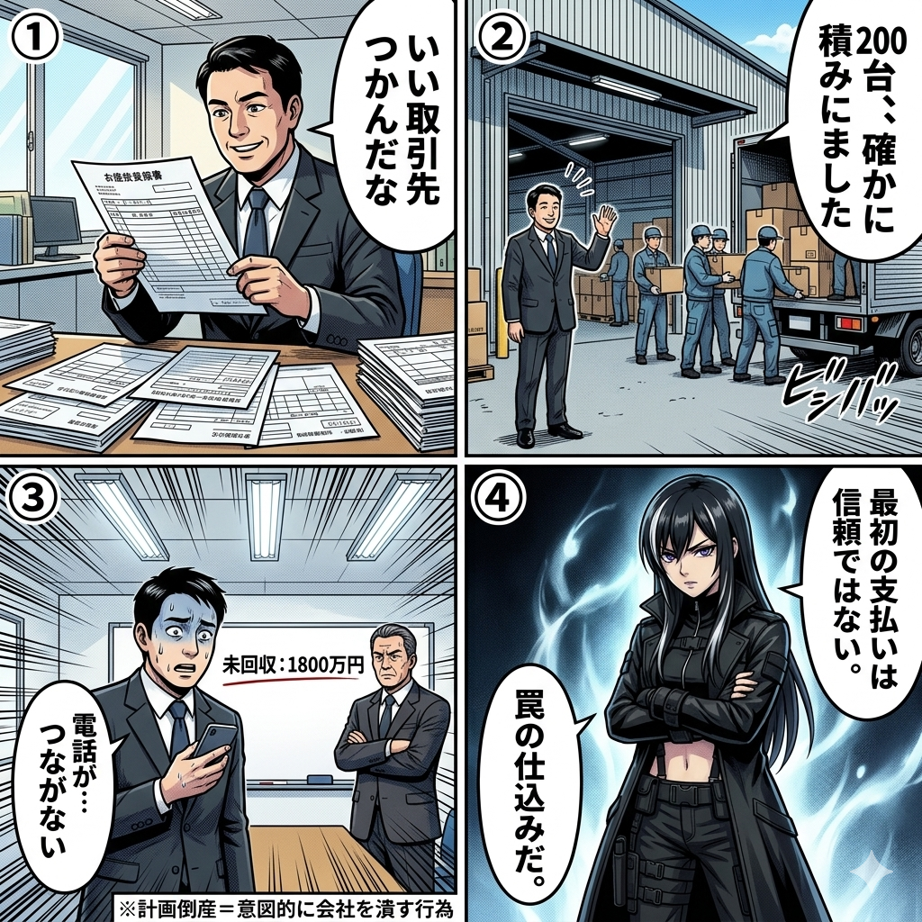 少額取引で信頼を積み上げた新規取引先から大口後払い発注を持ちかけられ家電200台を持ち逃げされる取り込み詐欺の被害を描いた4コマ漫画