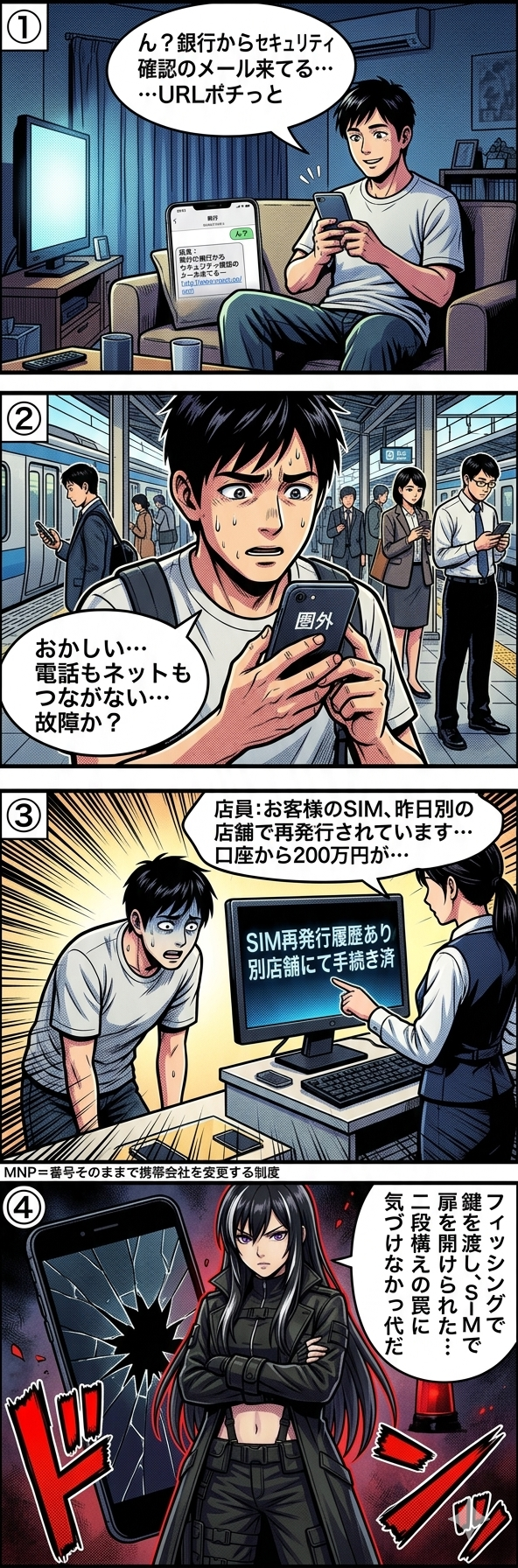 シムスワップ詐欺でスマホの電波を奪われ、気づいた時には銀行口座から不正送金されていた被害を描いた4コマ漫画