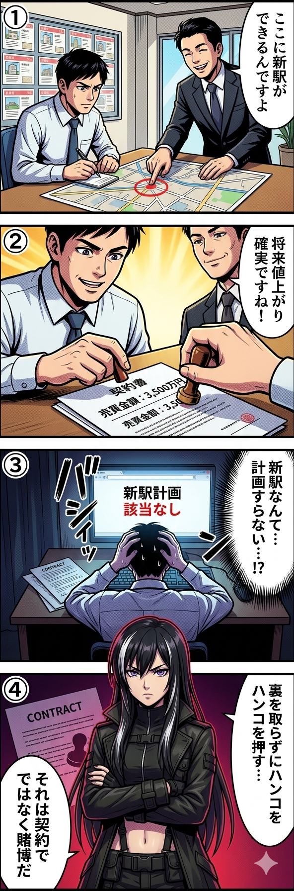 新駅ができるという嘘の情報を信じて3,500万円の土地を購入した会社員が、錯誤（民法95条）による契約取消しの可能性に直面する4コマ漫画