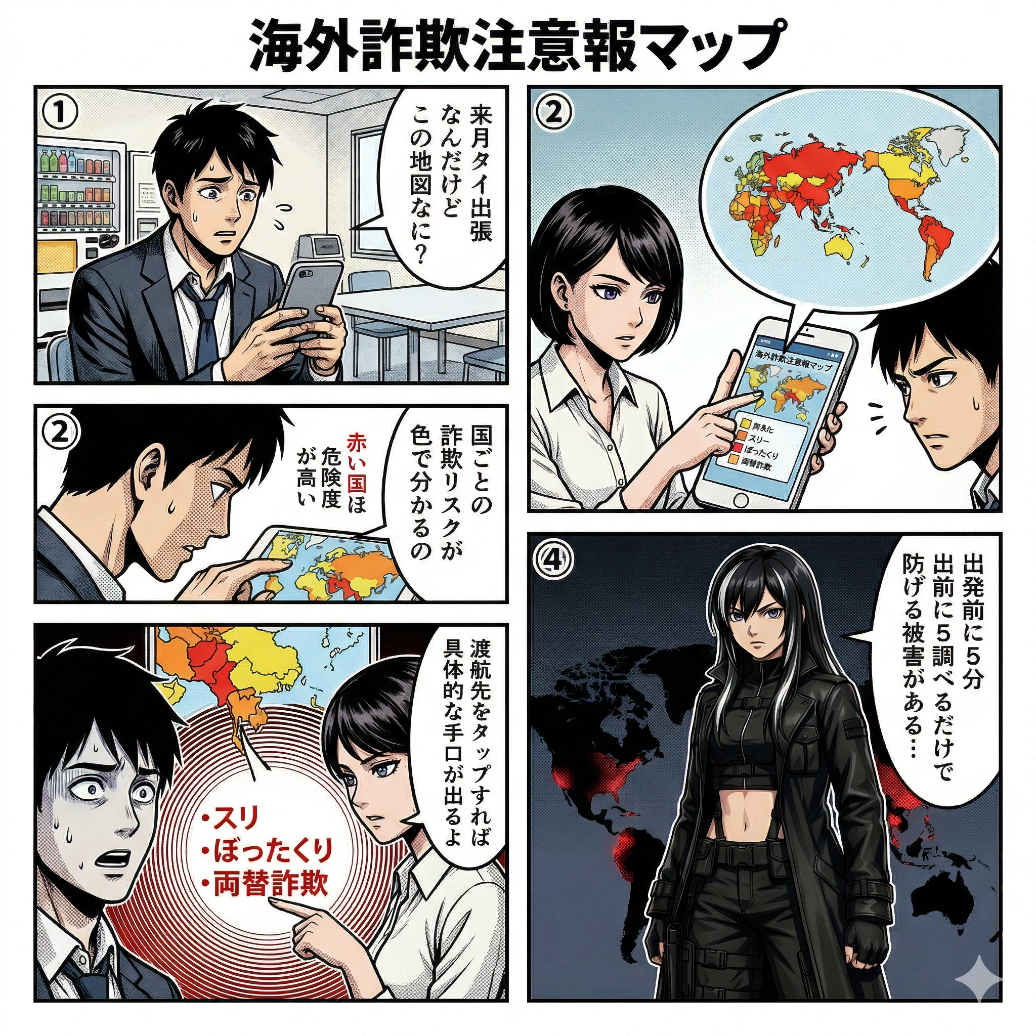 海外詐欺注意報マップの見方を、出張を控えた会社員と同僚の会話形式で解説する4コマ漫画。国ごとの詐欺リスクの色分けや具体的な手口の確認方法を紹介している。