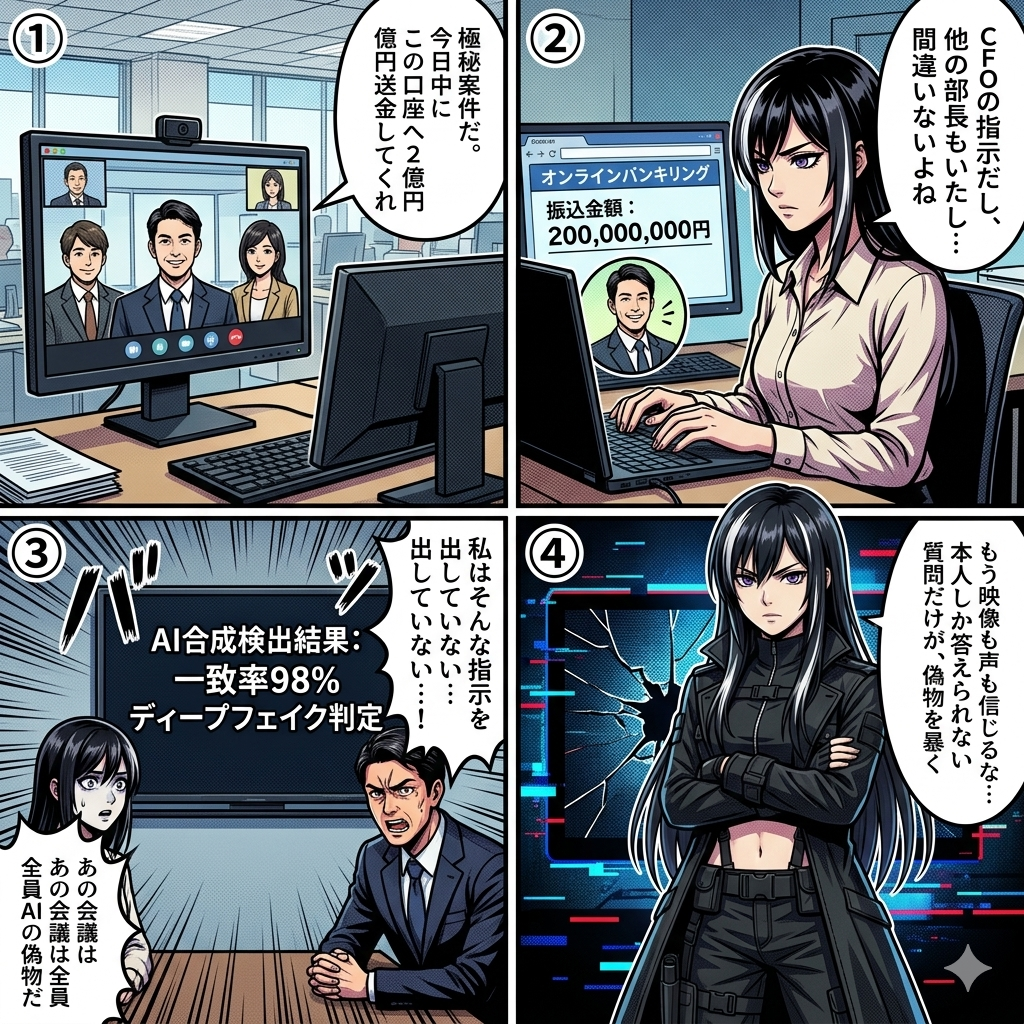 ディープフェイクでCFOと同僚になりすましたAIのビデオ会議に騙され2億円を送金してしまう被害を描いた4コマ漫画