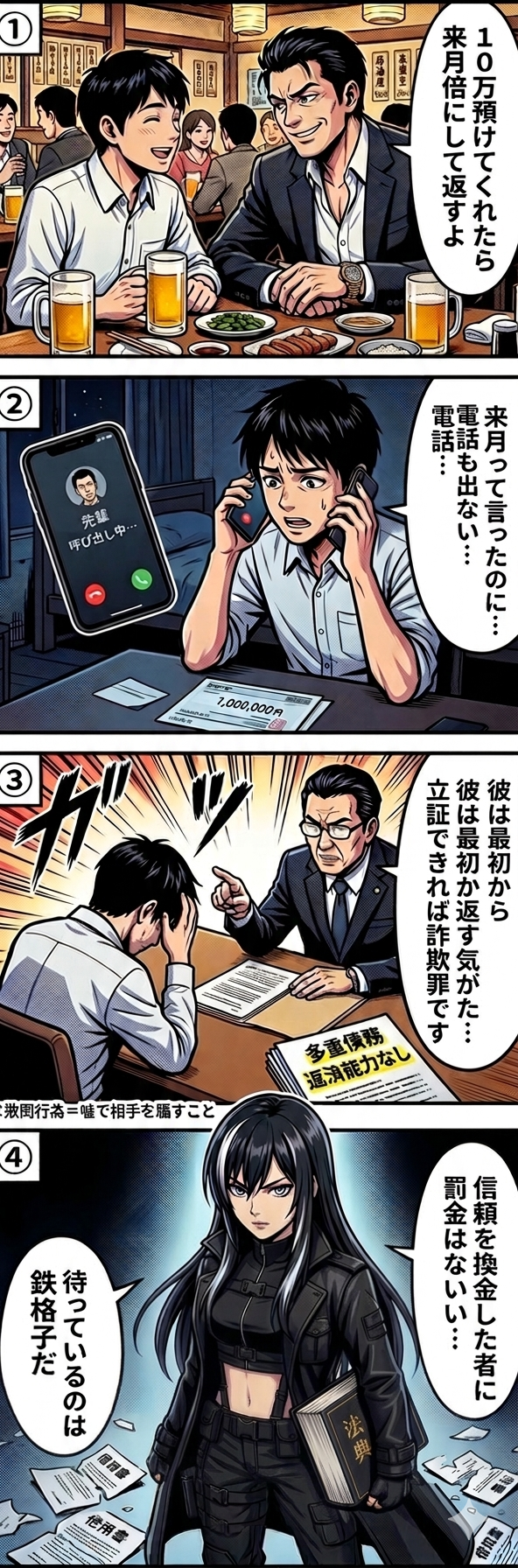 刑法246条の詐欺罪が成立する欺罔行為から財物交付までの4要件を事例で解説する4コマ漫画