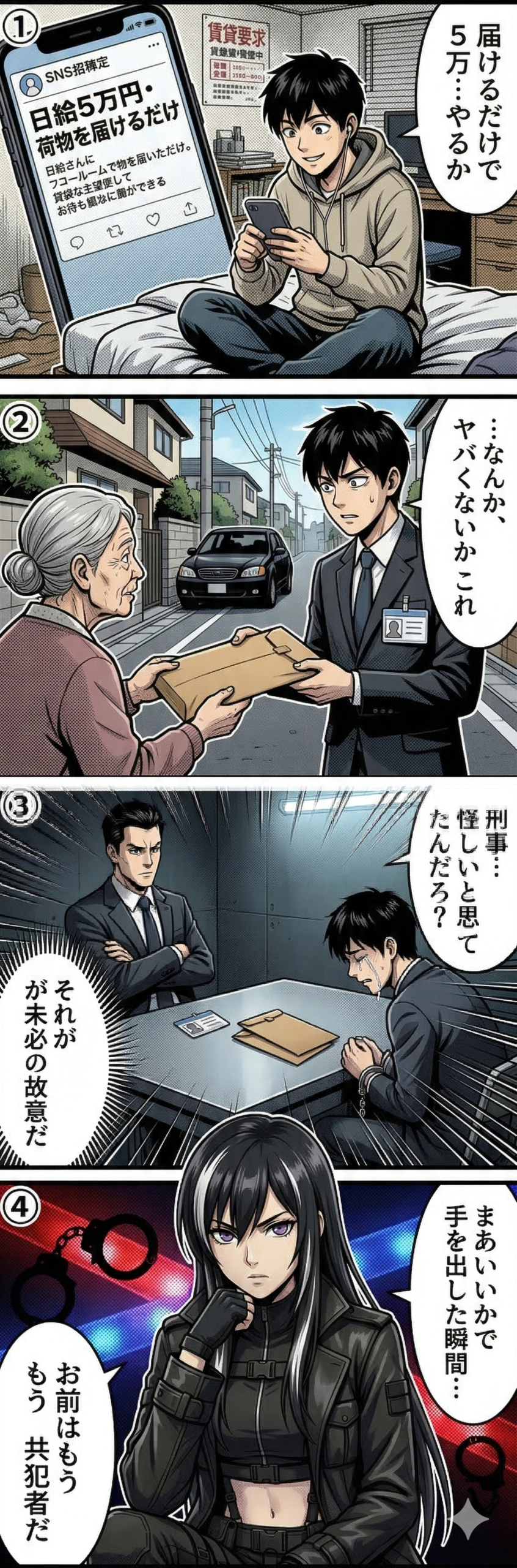 【キーワードを含む、4コマ漫画の内容を具体的に説明する30〜80文字のテキスト】