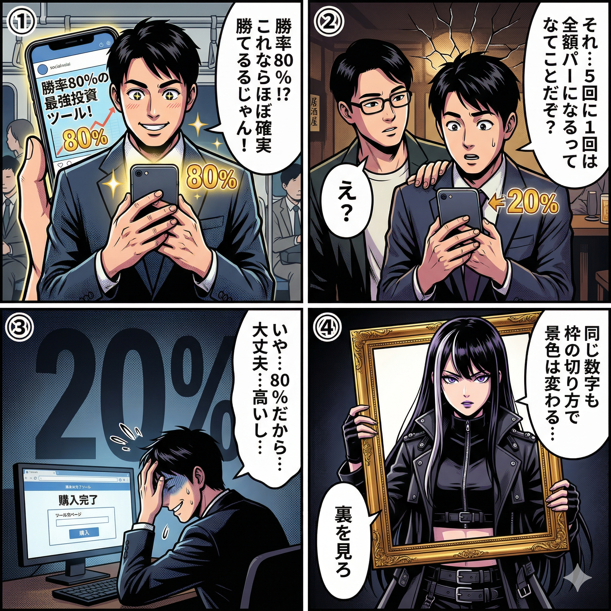 勝率80%という表現に騙されて投資詐欺に遭うフレーミング効果の仕組みを描いた4コマ漫画