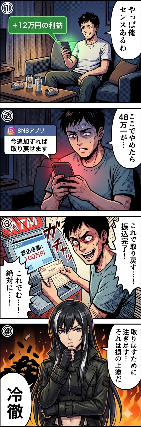 投資アプリで48万円の損失を出した会社員が取り戻そうと100万円を追加入金し、サンクコスト効果で損失を拡大させていく過程を描いた4コマ漫画