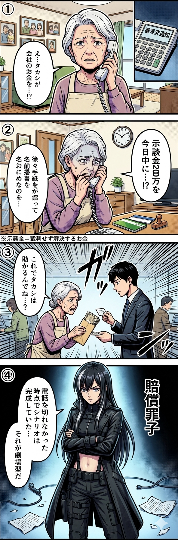 劇場型勧誘で息子役と警察官役が連携して高齢者からキャッシュカードを騙し取る手口を描いた4コマ漫画