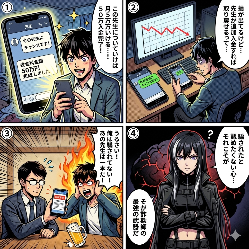 投資詐欺で損失が出ているのに自分は騙されていないと信じ込む認知的不協和の心理を描いた4コマ漫画