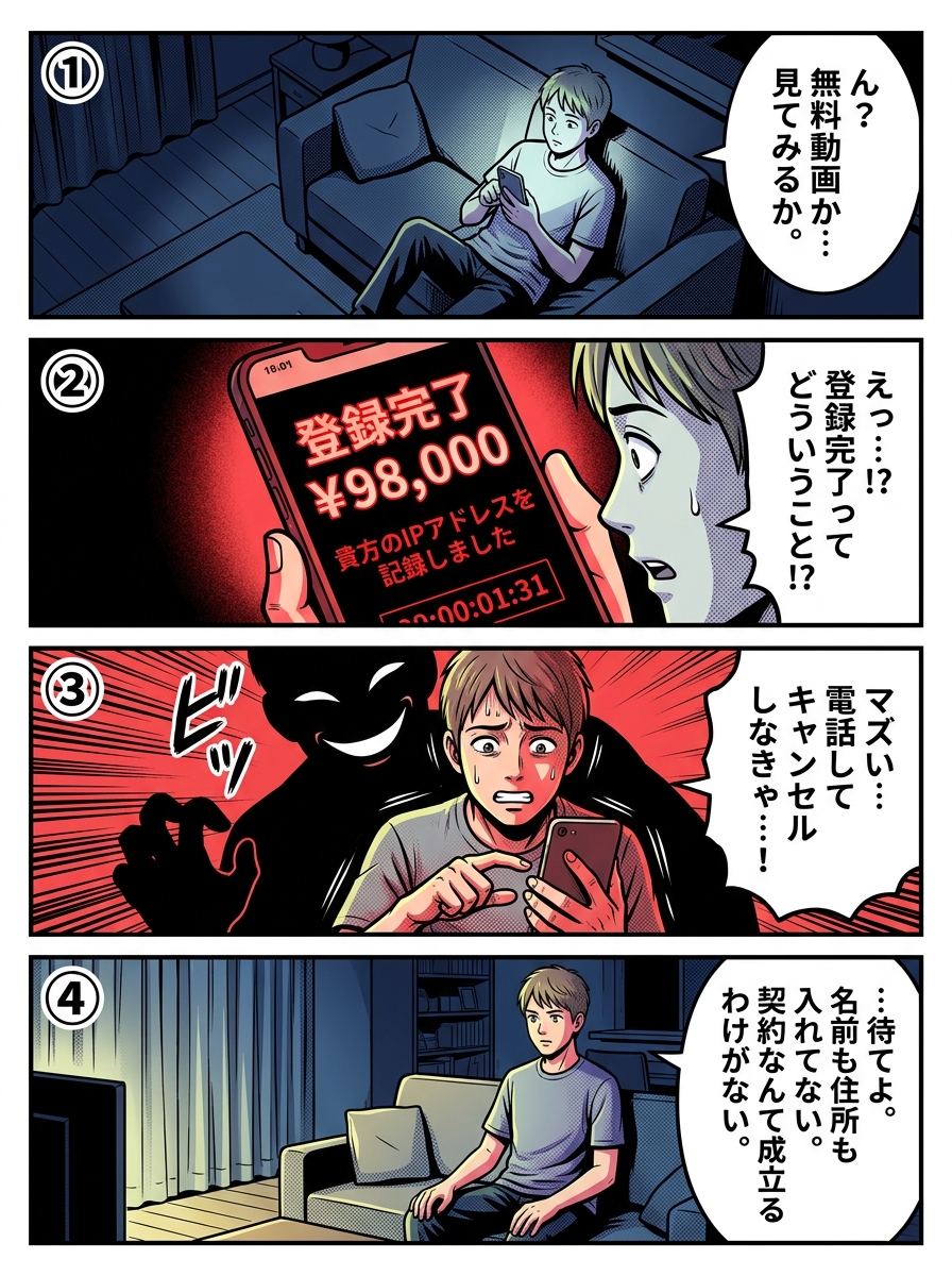 ワンクリック詐欺の請求画面に焦って電話しかける男性が、冷静に考え直して無視を選ぶまでを描いた4コマ漫画。