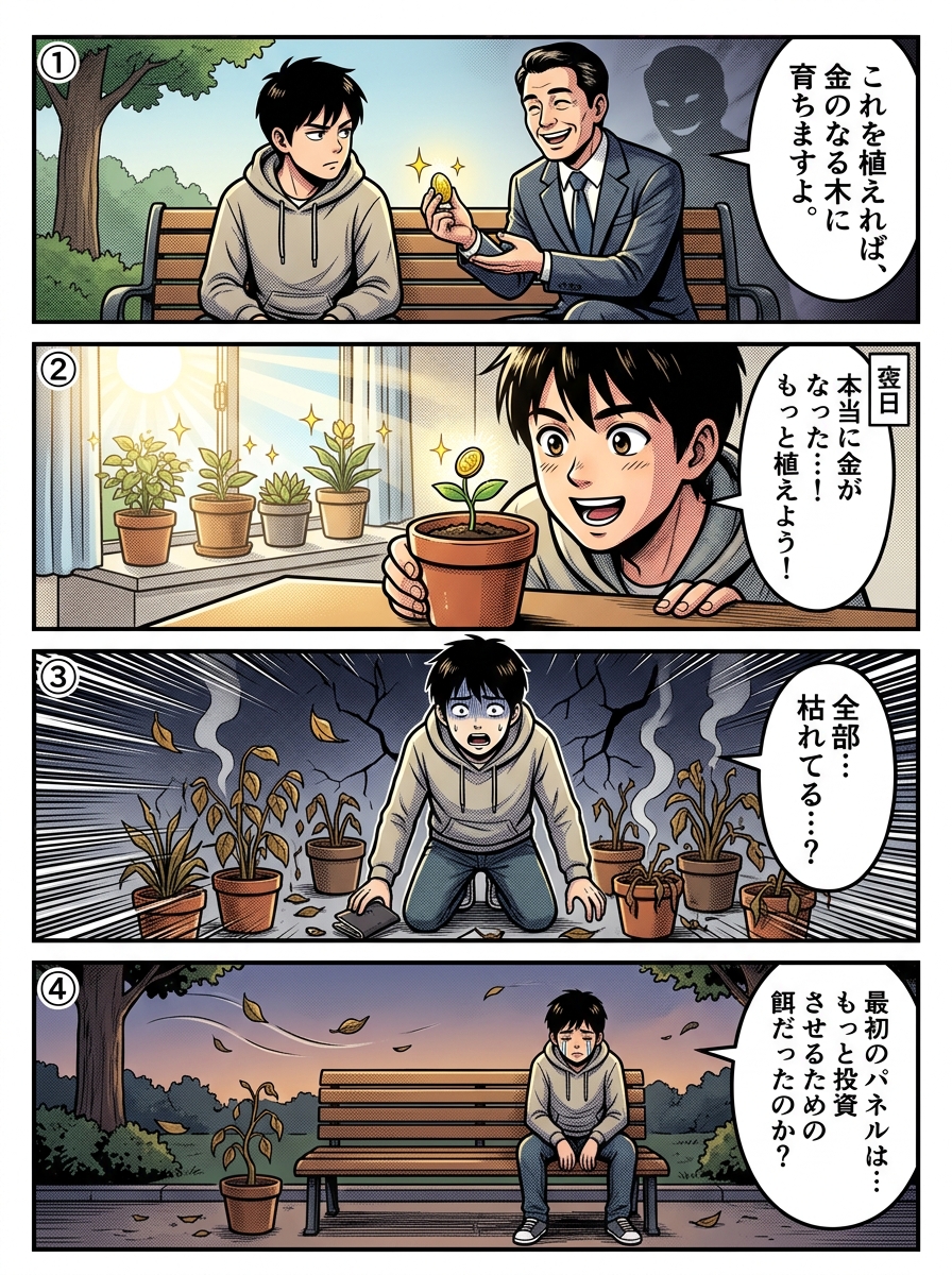 利殖商法の手口を金のなる木に例えた4コマ漫画。最初の少額配当で信用させてから全財産を奪う詐欺の流れを描写している。