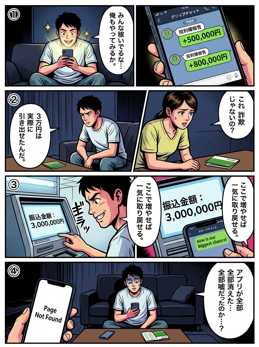 SNS投資グループの利益報告を信じ込み、妻の警告も無視して300万円を振り込んだ結果、アプリごと消滅して全財産を失う確証バイアスの被害を描いた4コマ漫画