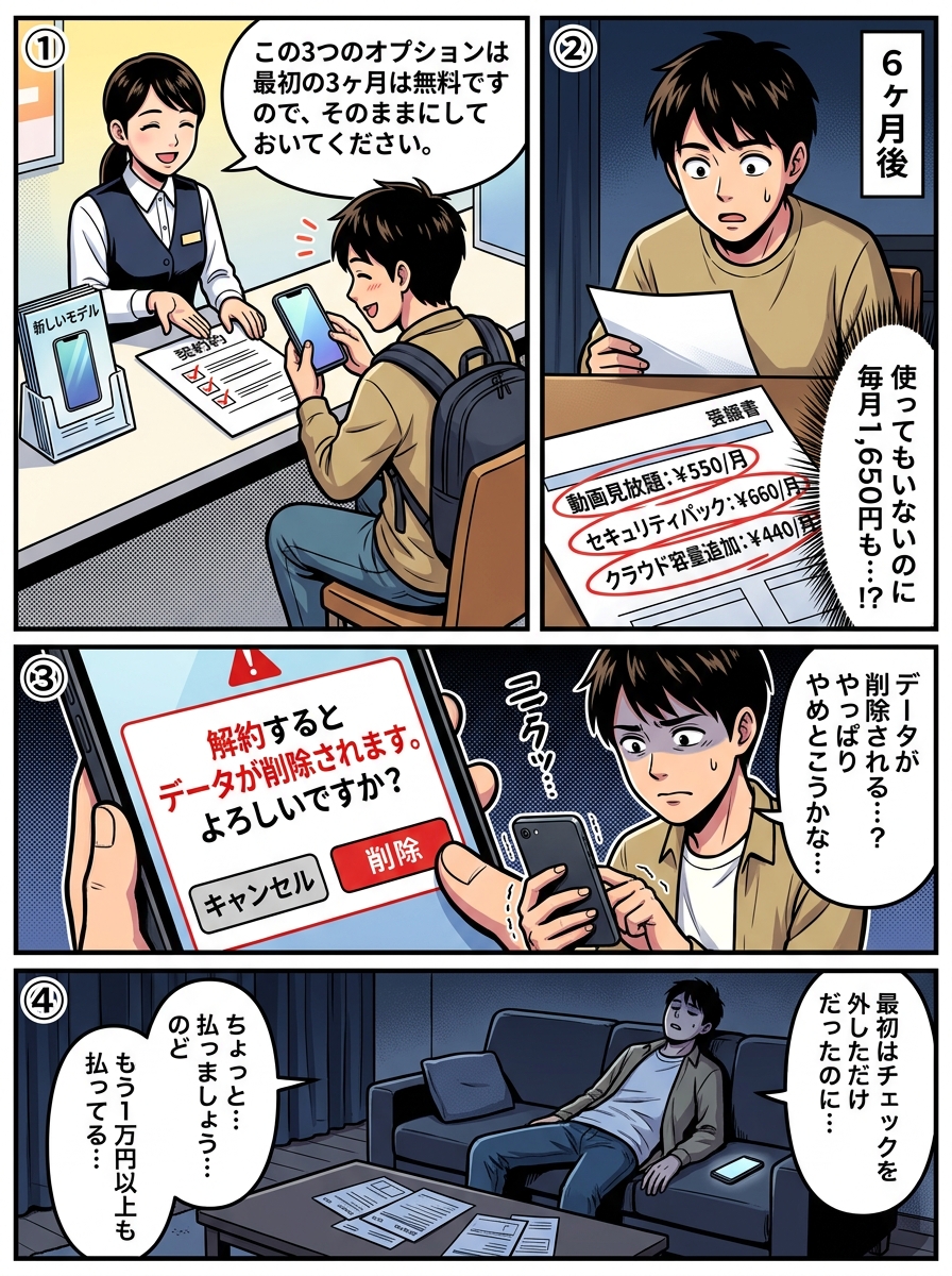 携帯契約時にデフォルトでオンになっていた有料オプション3つを外さなかった結果、半年で1万円以上を無駄にするデフォルト効果の被害を描いた4コマ漫画