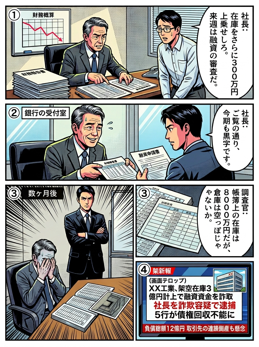 粉飾決算で架空の在庫を計上し銀行融資を騙し取った社長が、税務調査で不正を暴かれ逮捕される4コマ漫画