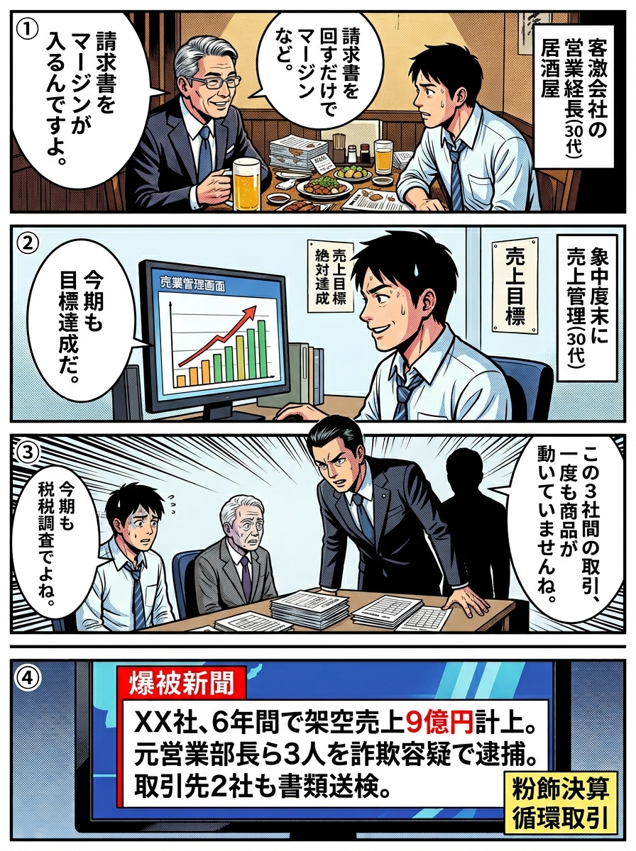 循環取引の仕組みと発覚までの流れを描いた4コマ漫画。取引先からの甘い誘いに乗った営業課長が架空売上を計上し続け、税務調査で不正が露見して逮捕に至る過程を描写している。