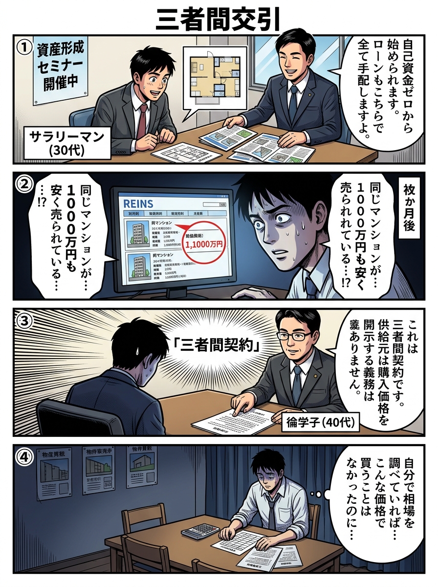三為取引で不動産業者に仕入れ値を隠されたまま投資用マンションを相場より1000万円高く購入させられたサラリーマンの被害を描いた4コマ漫画