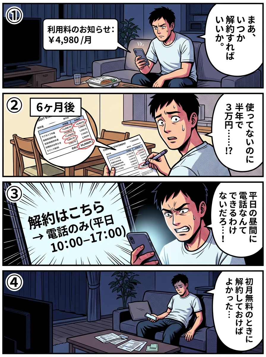 使っていないサブスクの月額料金を半年間放置し続けた結果3万円を無駄にした現状維持バイアスの被害を描いた4コマ漫画