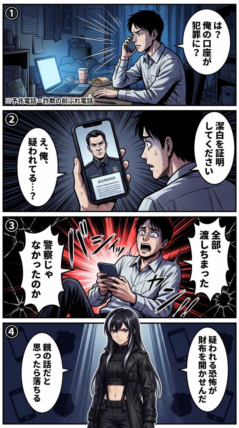 ニセ警察詐欺で30代男性が口座を疑われ潔白の証明を求められて資産を失う流れを描いた4コマ漫画