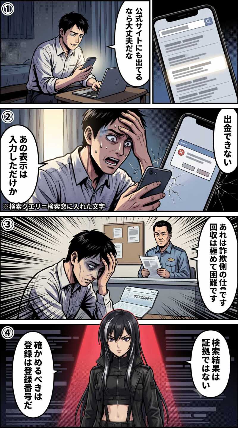 サイト内検索スパムによって公式サイト上に詐欺ではありませんと表示され、投資詐欺の被害者が安心して送金してしまう流れを描いた4コマ漫画