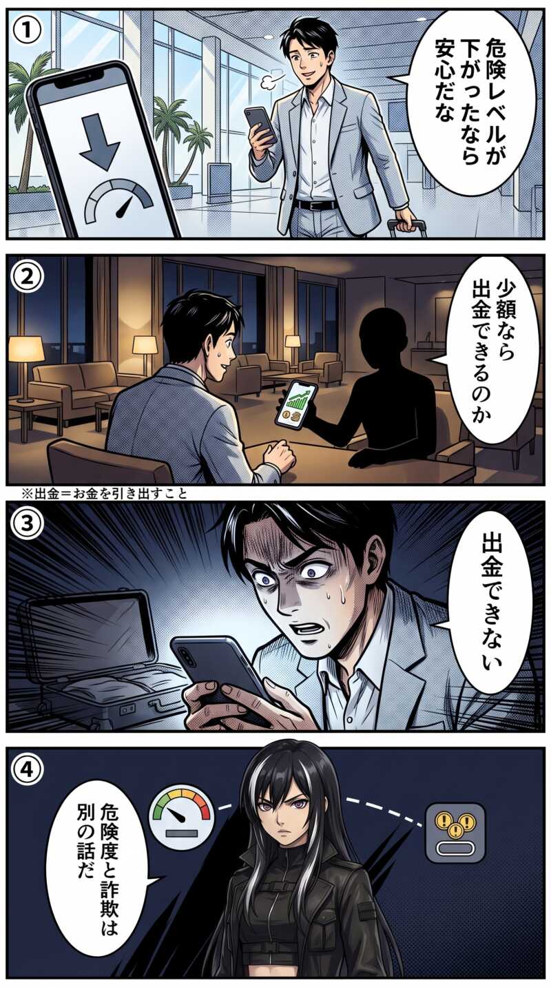 中東の危険情報引き下げで安心した出張者が、ドバイの投資詐欺で出金できなくなるまでを描いた4コマ漫画