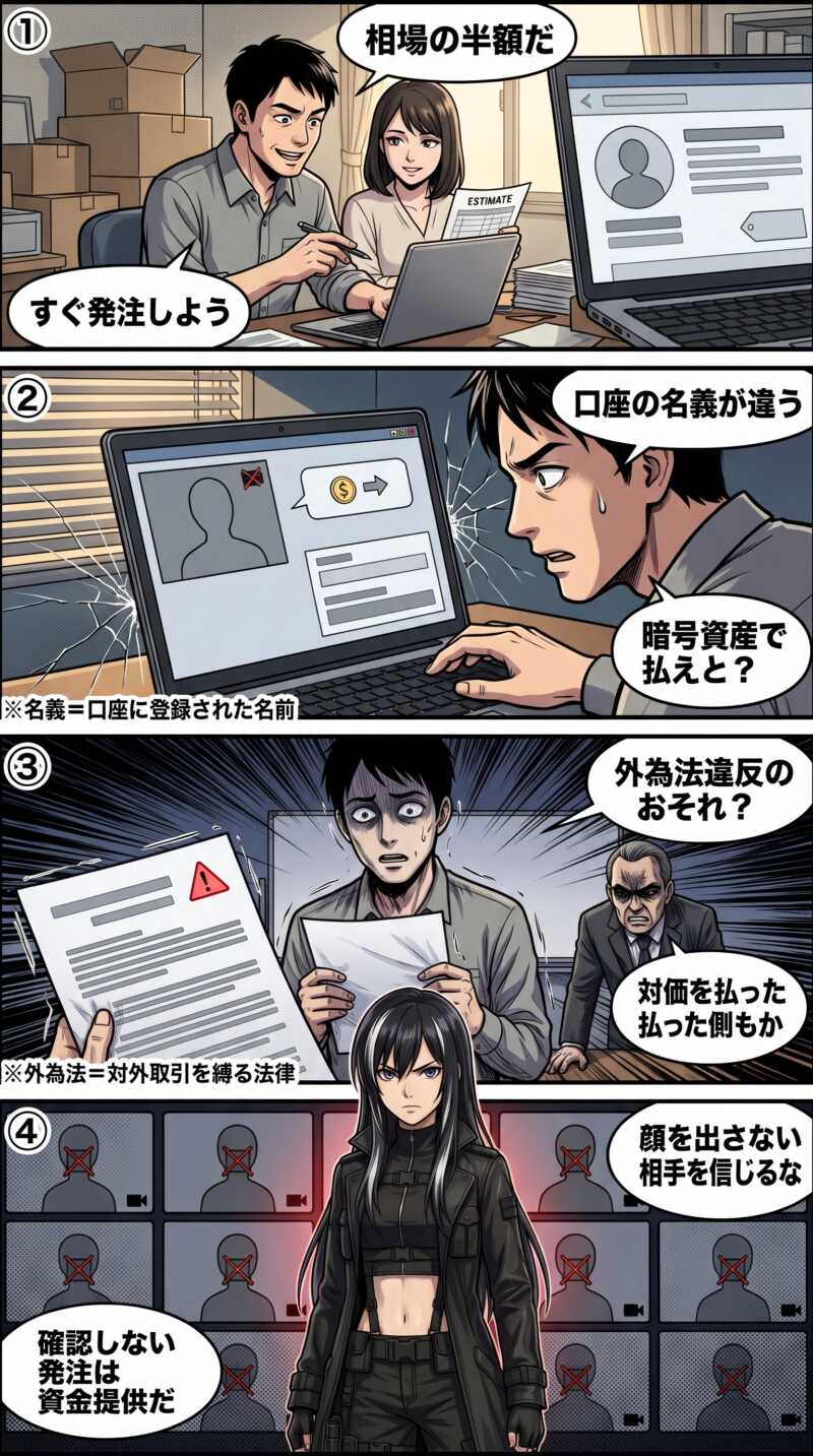 北朝鮮IT労働者なりすましに気づかず格安発注した企業が、外為法違反のおそれに直面するまでを描いた4コマ漫画