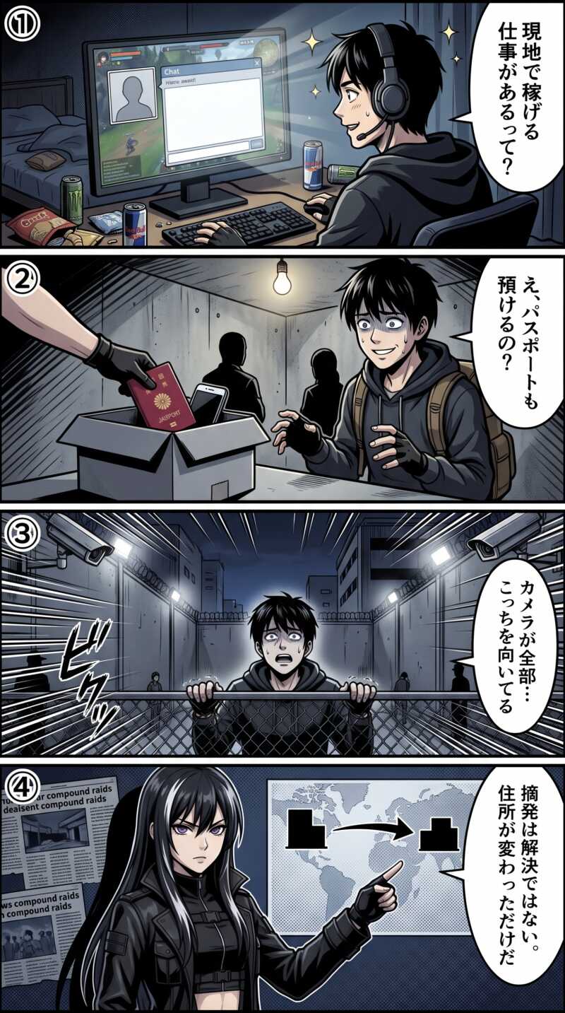 ミャンマーの詐欺拠点に誘われた若者がパスポートを没収され、監禁されてかけ子を強要されるまでの闇バイトの流れを描いた4コマ漫画