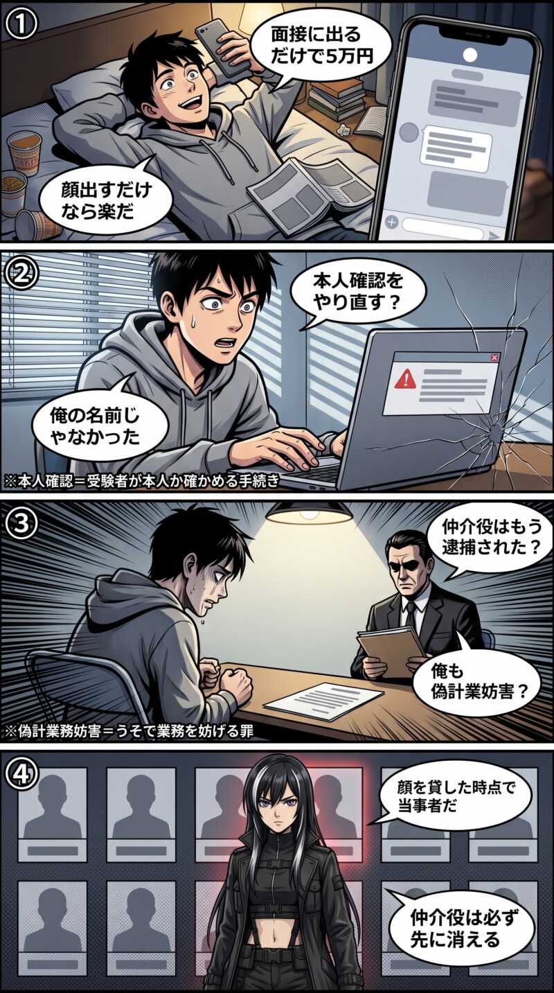 替え玉受験ブローカーに勧誘された学生が、オンライン面接の実行役として偽計業務妨害に問われるまでを描いた4コマ漫画