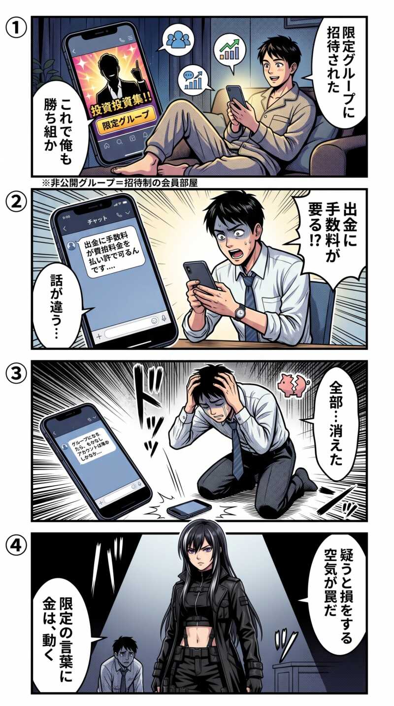 SNS型投資詐欺の非公開グループに誘われた会社員が全財産を失う流れを描いた4コマ漫画