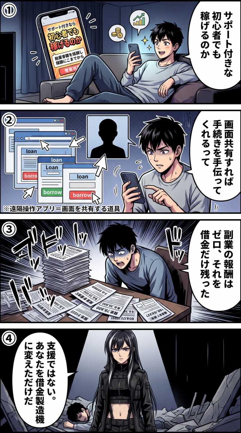 副業サポート詐欺(多重債務誘導型)で若者が画面共有させられ複数の消費者金融から借金し多重債務に陥る様子のイラスト
