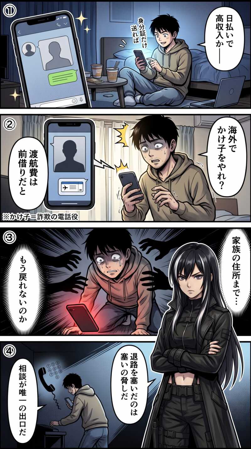 闇バイトに応募した大学生が身分証を送った後に脅され、海外渡航を指示されるが、警察へ相談して保護されるまでを描いた4コマ漫画