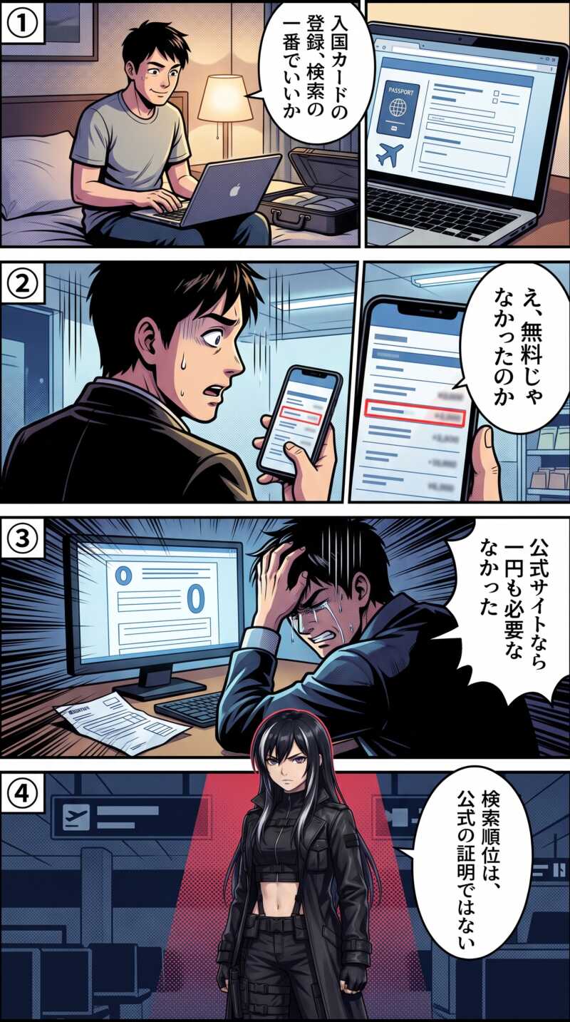 電子入国カード登録代行サイト詐欺で検索上位のサイトに登録し、無料のはずの手続きに高額手数料を請求された会社員を描いた4コマ漫画