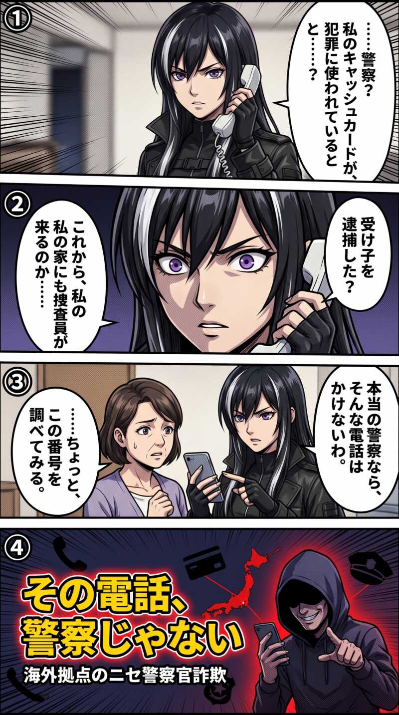 警察官を装う電話でキャッシュカードをだまし取られる高齢者を描いた、JPドラゴンのニセ警察官詐欺の4コマ漫画