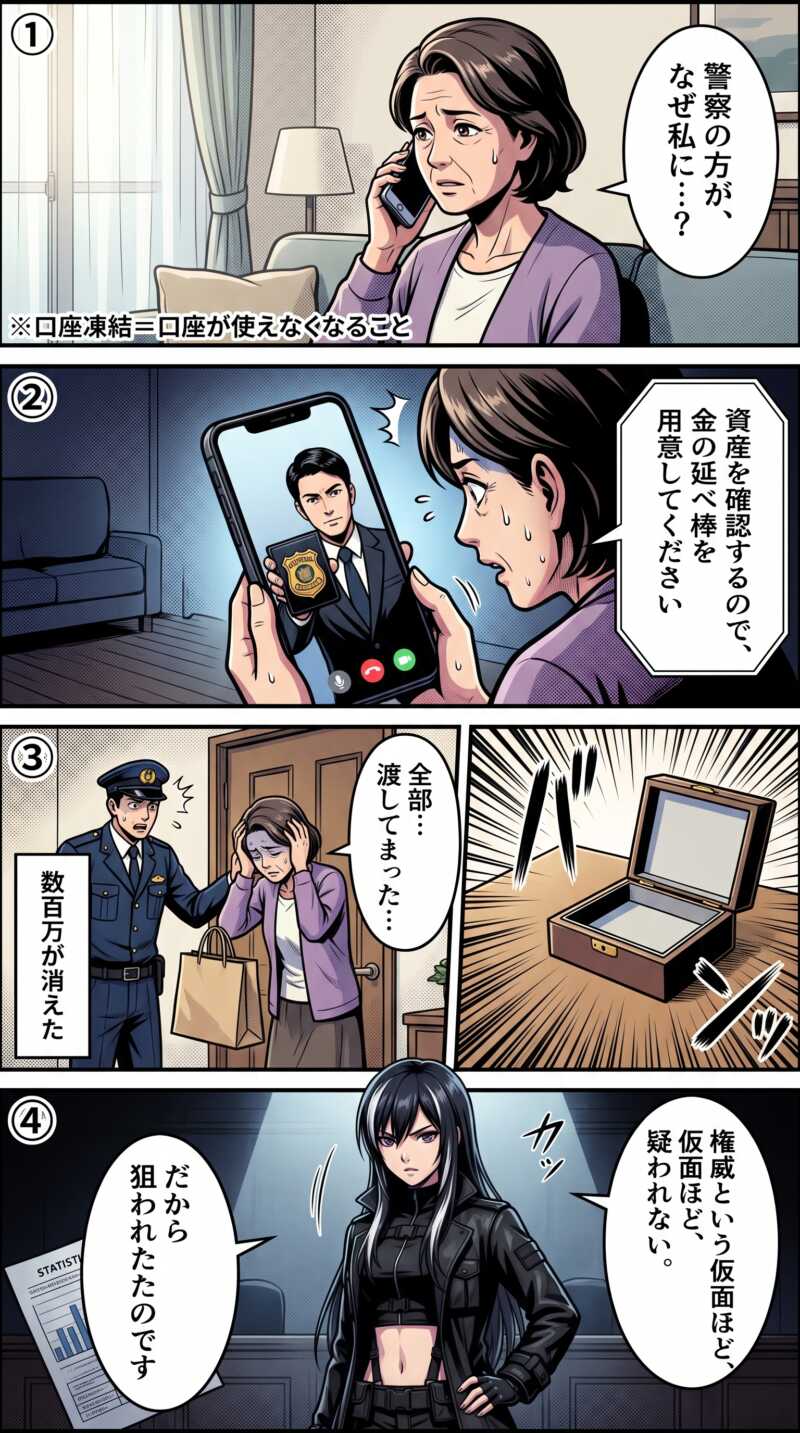 ニセ警察詐欺で警察官を装う電話からビデオ通話へ誘導され金地金をだまし取られる被害の流れを描いた4コマ漫画