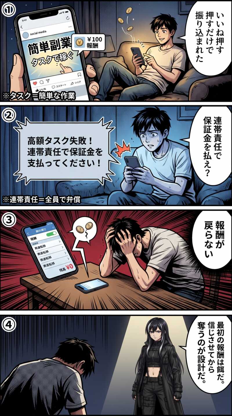 タスク型副業詐欺で少額報酬に釣られた会社員が連帯責任を口実に高額送金を迫られ被害に遭う流れを描いた4コマ漫画